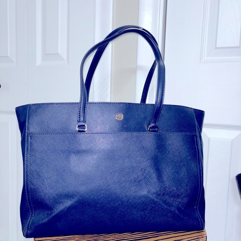Tory Burch large tote bag navy blue Carryall leather handbag